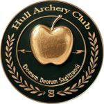 Golden Apple Award badge with three arrows hitting the yellow target zone, emphasizing precision and safety at Hull Archery Club.