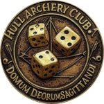 Golden Dice Award badge with six arrows hitting the yellow target zone, symbolizing precision and top achievement at Hull Archery Club.